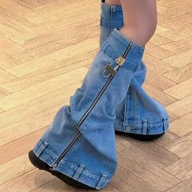 Women High Knee Denim Jean Padlock Zipper Boots Shoe