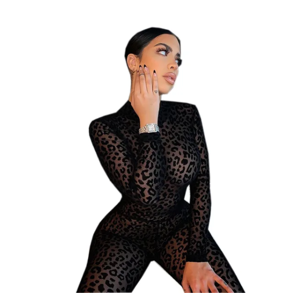 See Through Flocking Leopard Jumpsuit Bodycon Medium Black